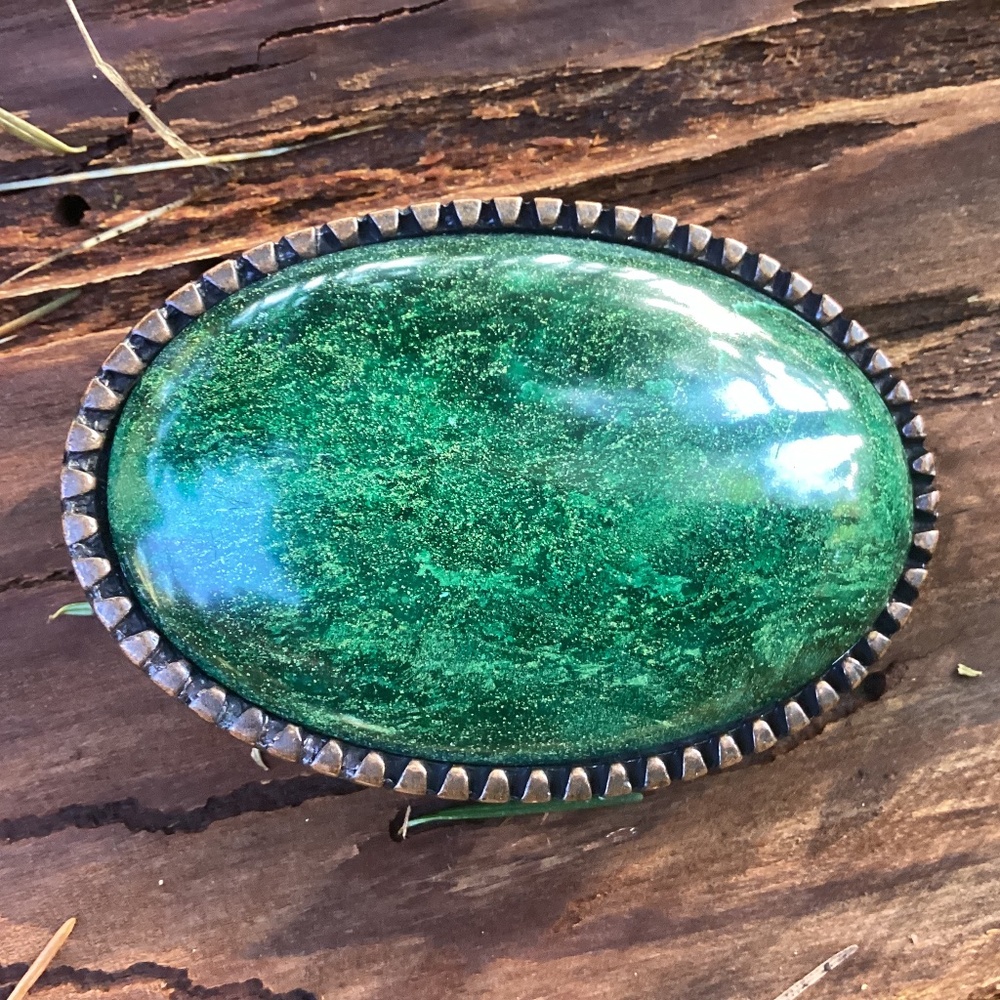 Vintage Outstanding Deep Green Malachite Stone Belt Buckle